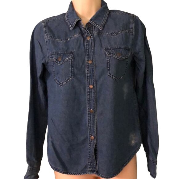 Miley Cyrus & Max Azria Distressed Denim Shirt Juniors Size Medium Snap Front - Picture 1 of 7